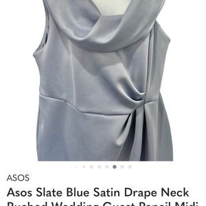 Asos Slate Blue Satin Drape Neck Ruched Wedding Guest Pencil Midi Dress size 16